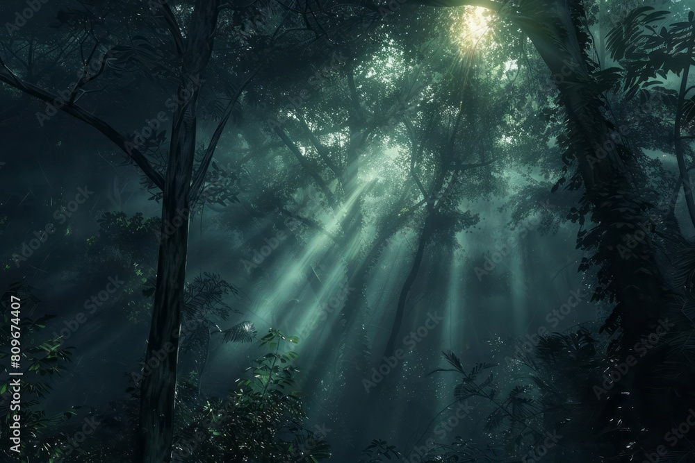 A dense forest at night, with a single beam of sunlight breaking through the canopy, highlighting the textures of the trees