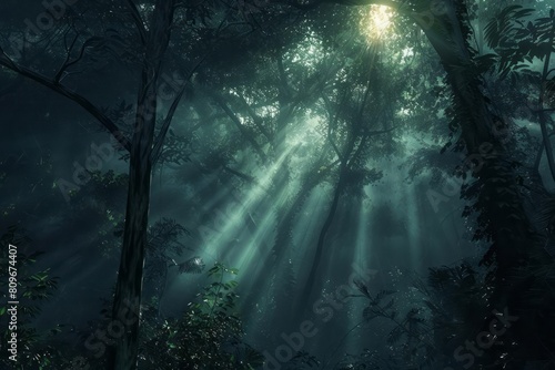 A dense forest at night, with a single beam of sunlight breaking through the canopy, highlighting the textures of the trees © DK_2020