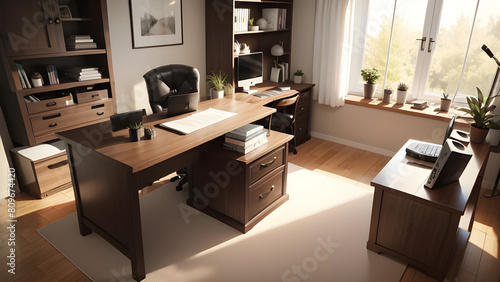 Cozy home office with wooden desk, bookshelves, and a sunlit comfortable chair © home 3d