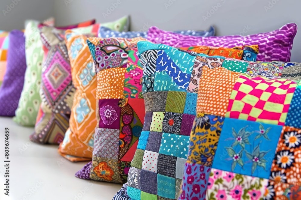 A set of playful throw pillows with patchwork from old fabric scraps
