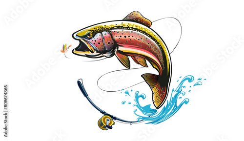 NOT AI. Rainbow trout jumping out of water. Salmon isolated on white background. Isolated handrawn  fishing logo vector . photo
