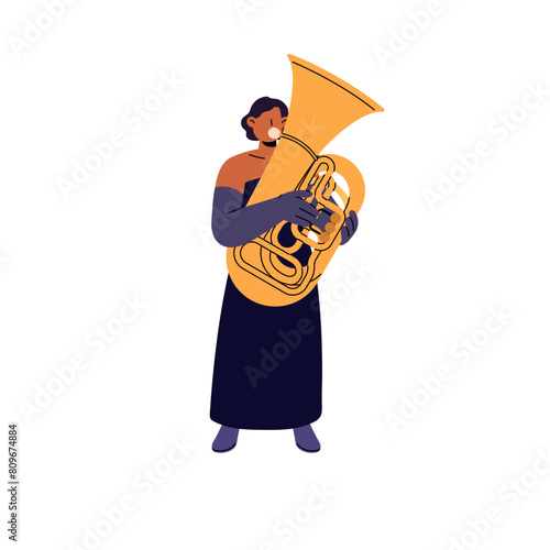 Professional musician in long gloves blowing tuba. Trumpet player is on classical music concert. Artist of wind, brass instrument performs. Flat isolated vector illustration on white background