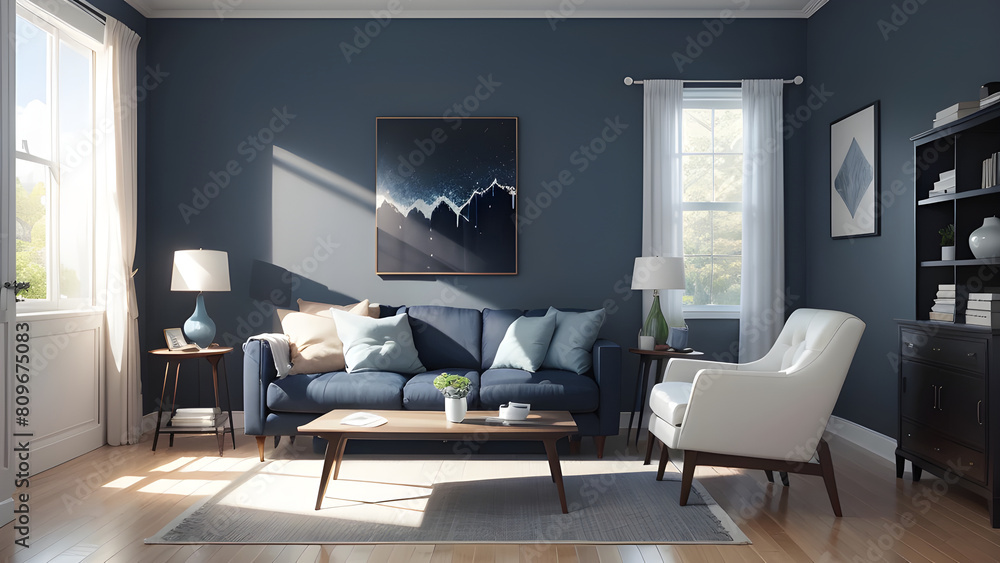 Bright and stylish living room interior with a cozy navy blue sofa and chic wall art