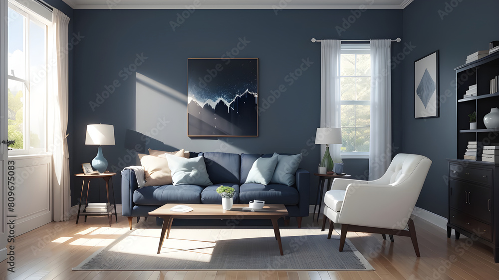Bright and stylish living room interior with a cozy navy blue sofa and chic wall art Bright and stylish living room interior with a cozy navy blue sofa and chic wall art