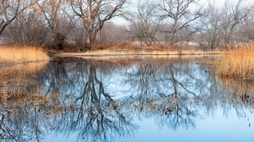 Reflection of trees and shrubs in winter marshland water