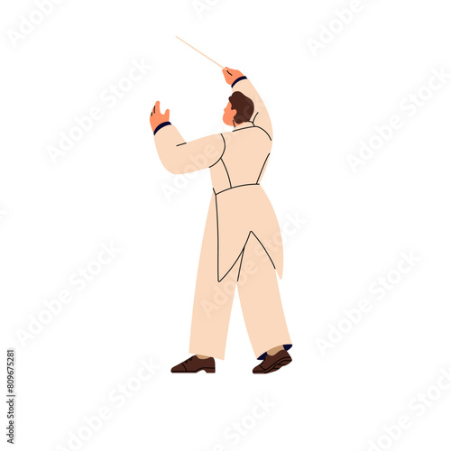 Professional conductor with batons conducts instrumental band. Maestro of symphony orchestra back view. Director performs on music performance. Flat isolated vector illustration on white background