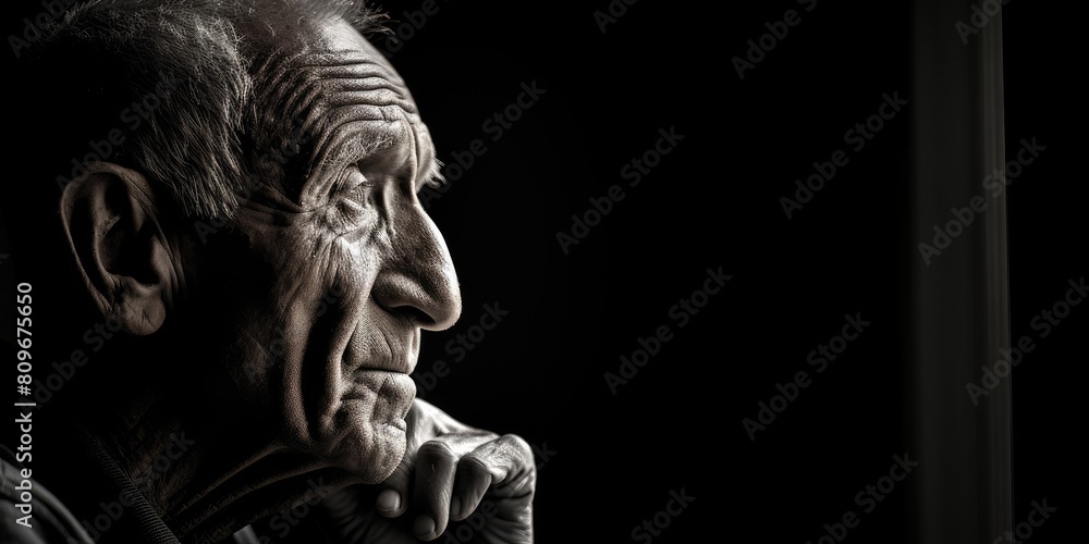 A man is looking out of a window. The image is in black and white. The man is looking at something outside, but it is not clear what he is looking at. Scene is somewhat somber A man is looking out of a window. The image is in black and white. The man is looking at something outside, but it is not clear what he is looking at. Scene is somewhat somber