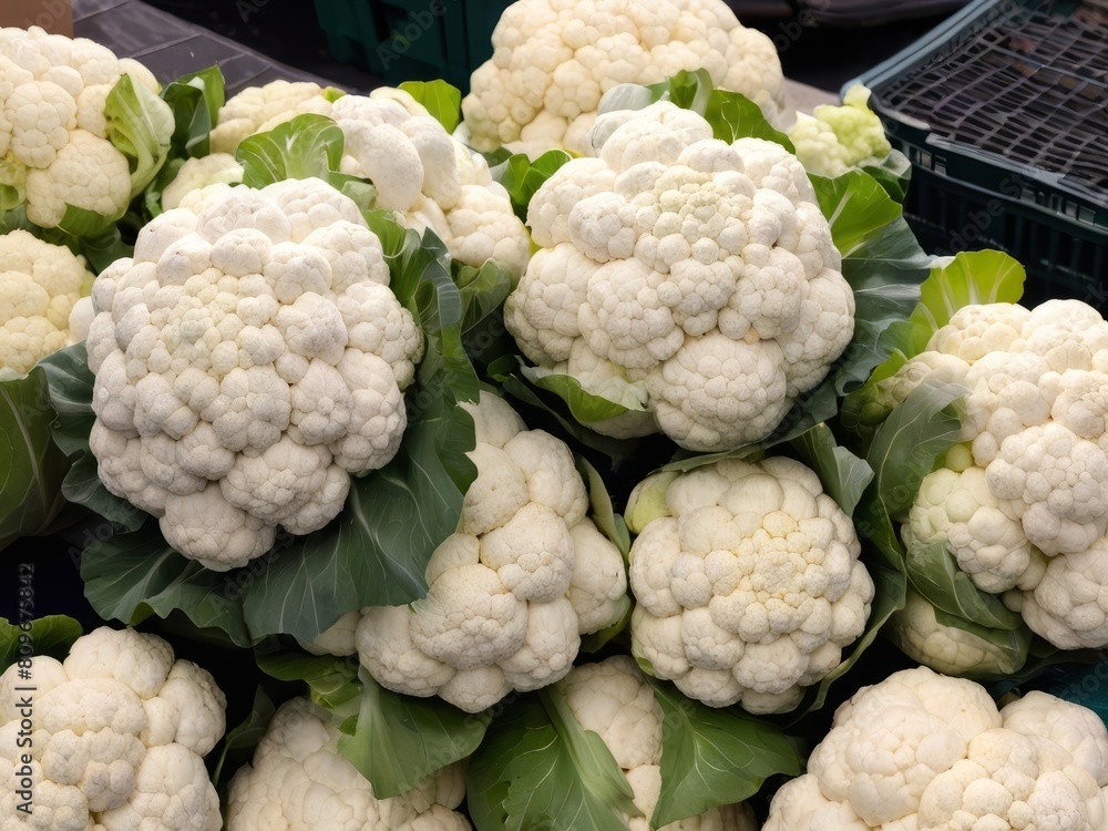 Organic fresh cauliflower display at vibrant local farmer's market Organic fresh cauliflower display at vibrant local farmer's market
