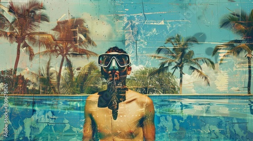 The man with the mask and snorkel is near the swimming pool. Collage art. photo