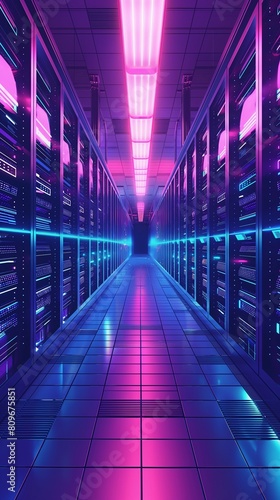 A Vertical Image Of A Data Center Room Is Filled With Rows Of Servers.