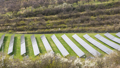 Solar array of photovoltaic panels in the field.