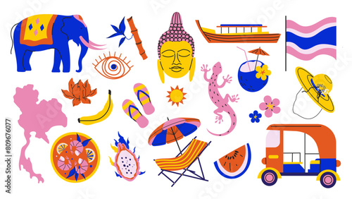 Travel to Thailand sticker set. Traditions, culture Thailand. Doodle elements Elephant, lizard, boat, map of Thailand, thai food, Buddha head, lotus, thai fruits.