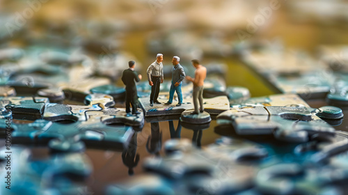 The miniature varies group of employed people that standing still on the uncompleted jigsaw board trying to work together to find the solution for the problem that they talking to each other.