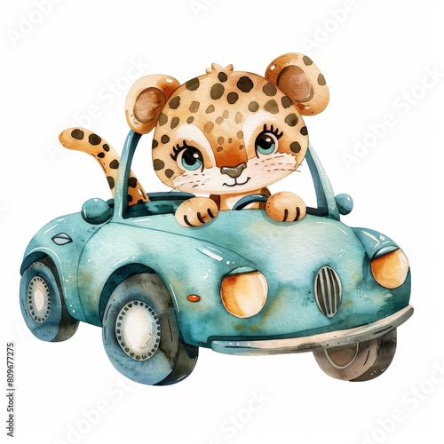 A cartoon cat is sitting in a blue car photo