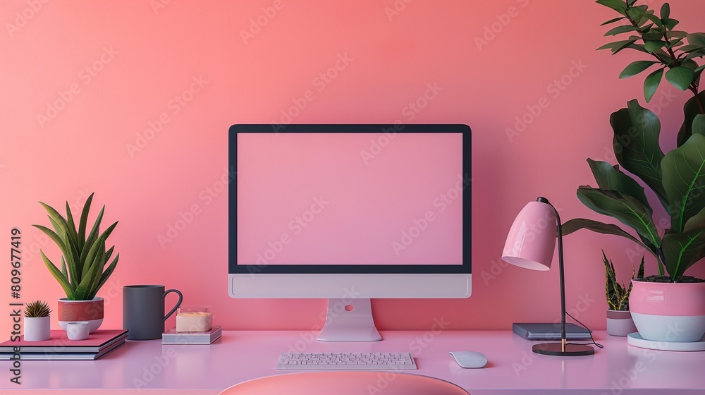 A Desktop Computer In A Modern Home Office. A Desktop Computer In A Modern Home Office.