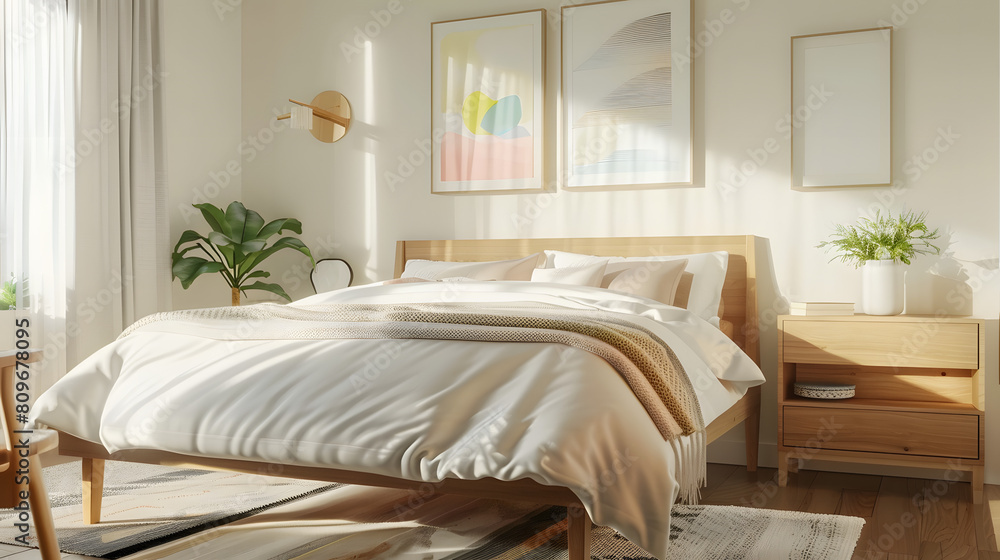 Modern bedroom interior design with wooden furniture and cozy bedding Modern bedroom interior design with wooden furniture and cozy bedding