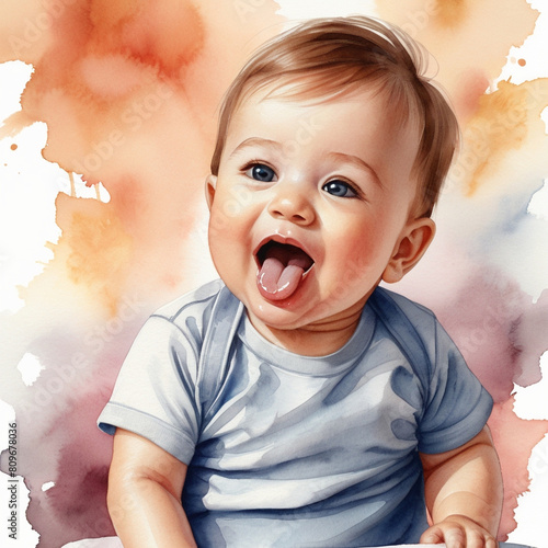Playful Young Boy Sticking Out Tongue in a Colorful Watercolor Setting
