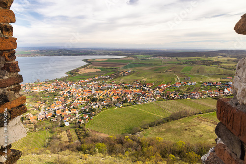 The Pavlov village with vineyards above the Nove Mlyny reservoir. Top view from The Devicky Castle in South Moravia, Czech Republic, Europe. photo