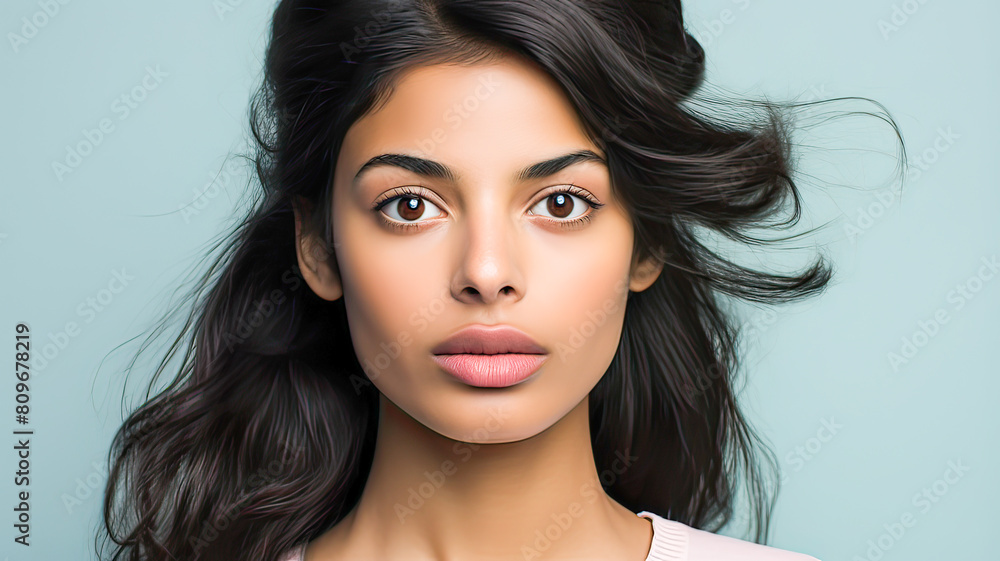 Naklejka premium Portrait of a girl with black wavy hair, brown skin, and piercing eyes.