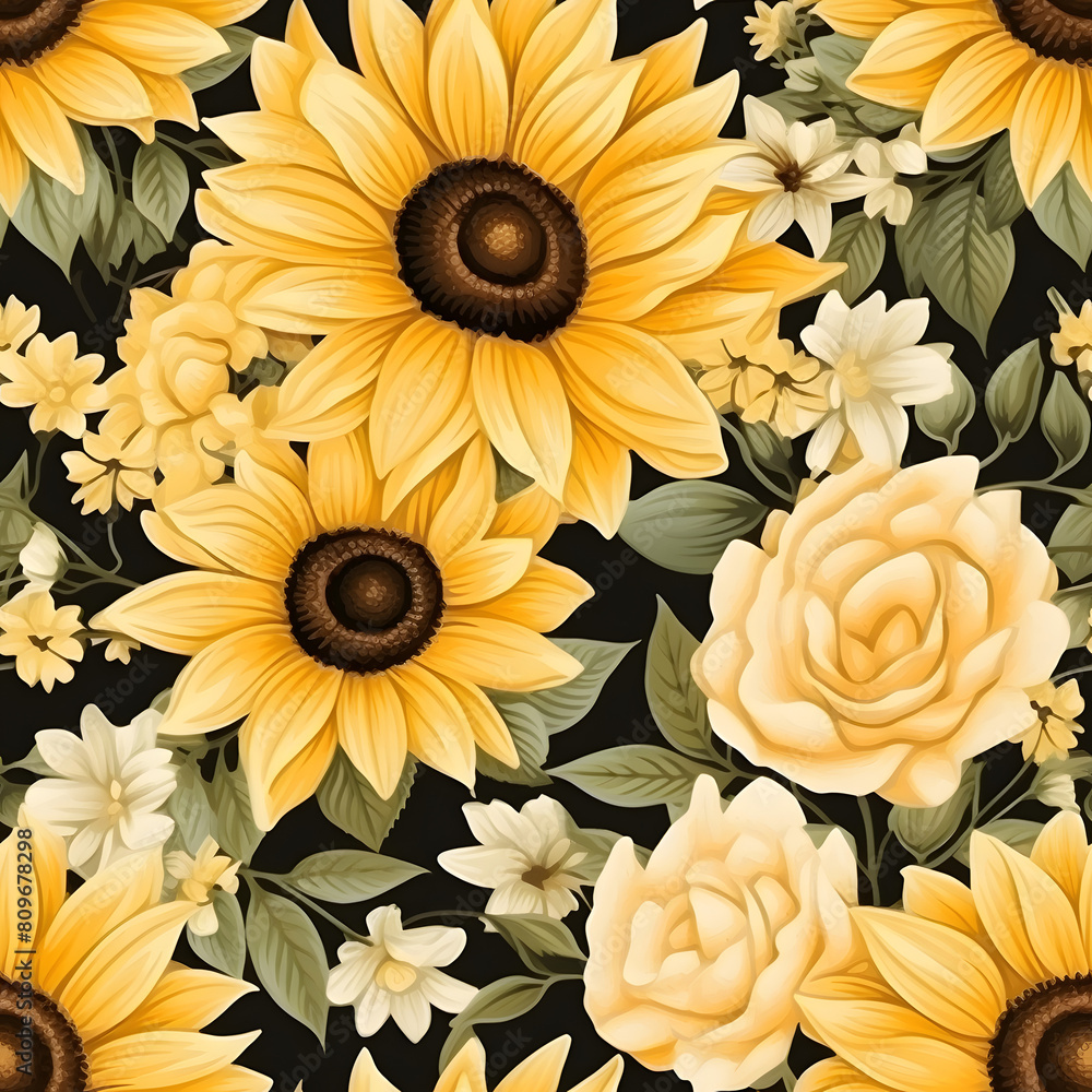 seamless watercolor arrangements with beautiful small sunflowers flower. Botanical illustration reality style. seamless watercolor arrangements with beautiful small sunflowers flower. Botanical illustration reality style.