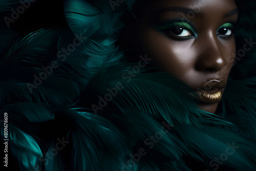 Fashion editorial Concept. Closeup portrait of pretty black woman chiseled features, surround in emerald green soft feathers boa. illuminated dynamic composition dramatic lighting. copy text space