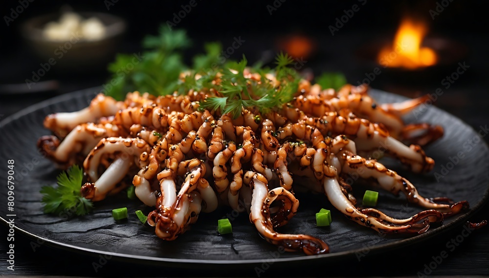 delicious food grilled squid served in a plate on a black background. delicious food grilled squid served in a plate on a black background.