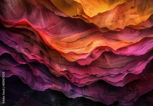 Close-up of a vibrant, textured digital landscape artwork with layered hues of yellow, orange, red, and purple, resembling mountain ranges