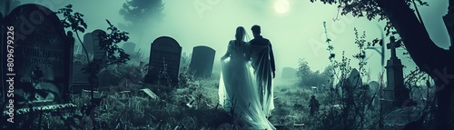 A couple walks through a foggy graveyard photo