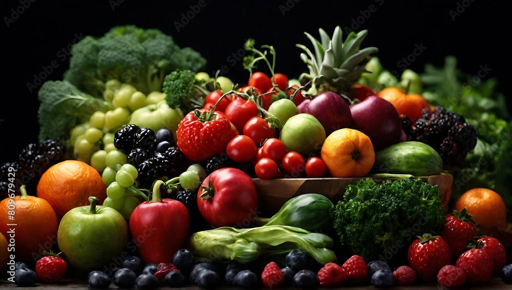 pile of fruits and vegetables on black background. pile of fruits and vegetables on black background.