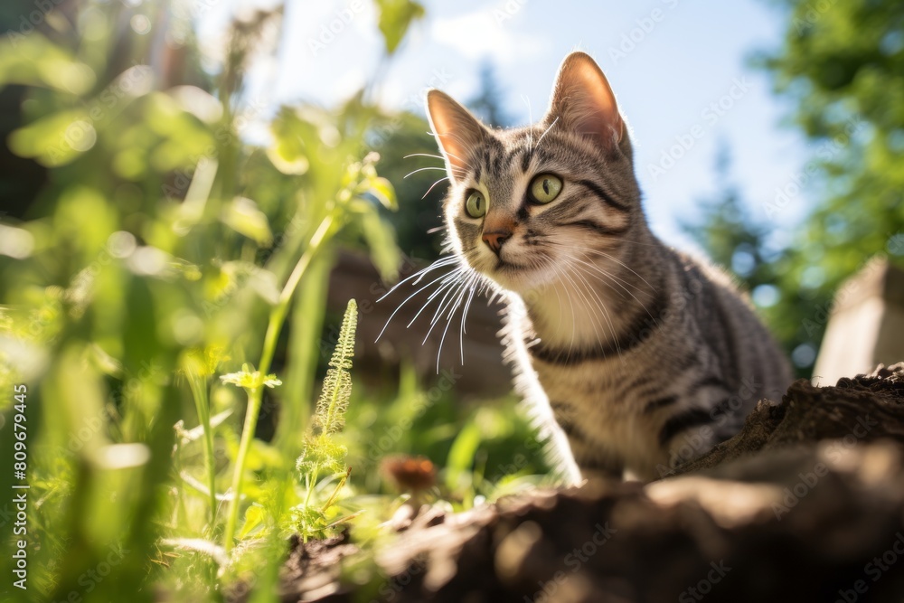 Environmental portrait photography of a curious american shorthair cat begging for food in beautiful nature scene