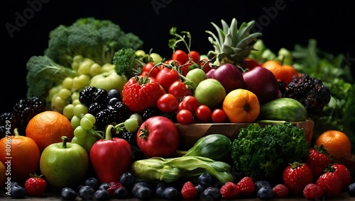 pile of fruits and vegetables on black background.