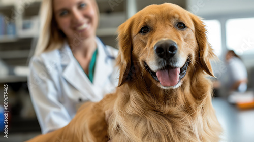 Happy Golden Retriever Dog Posing with Smiling Female Veterinarian in Veterinary Clinic