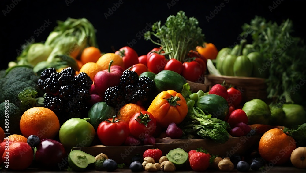 pile of fruits and vegetables on black background.