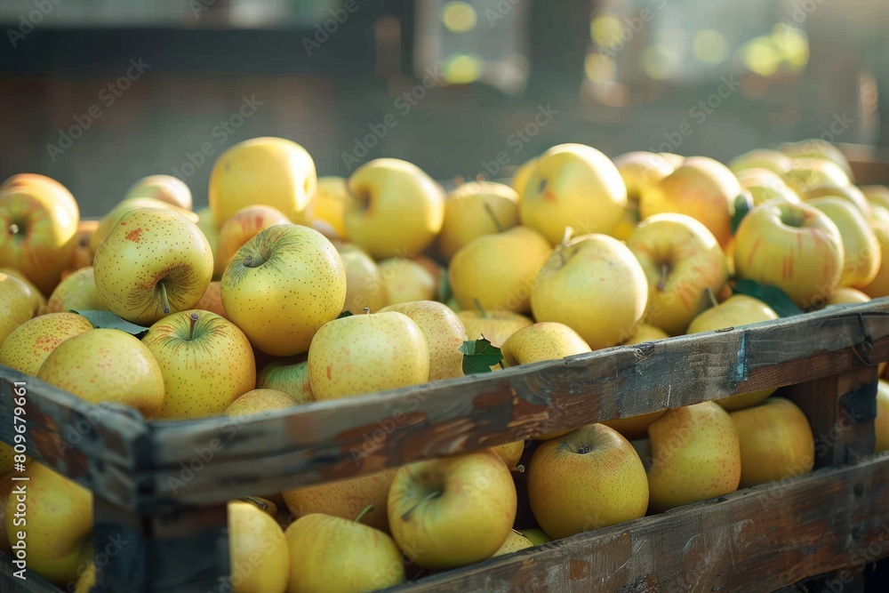 Ripe, yellow apples freshly harvested and placed in a wooden box, juicy and bursting with flavor. Ripe, yellow apples freshly harvested and placed in a wooden box, juicy and bursting with flavor.