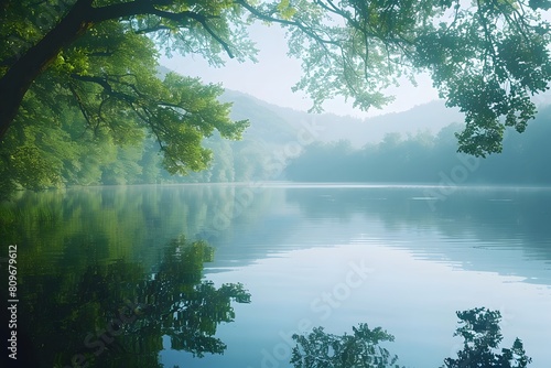 Trees and boat reflected in lake water