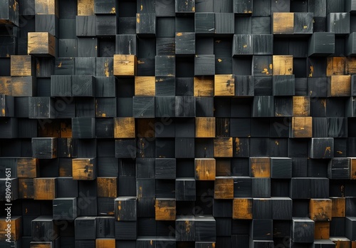 Three-dimensional wall design with wooden blocks in a repeating geometric pattern and gold accents