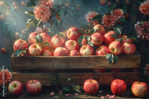 Organic harvest of sweet  red apples in a wooden box  ripe and juicy  straight from nature s bounty.