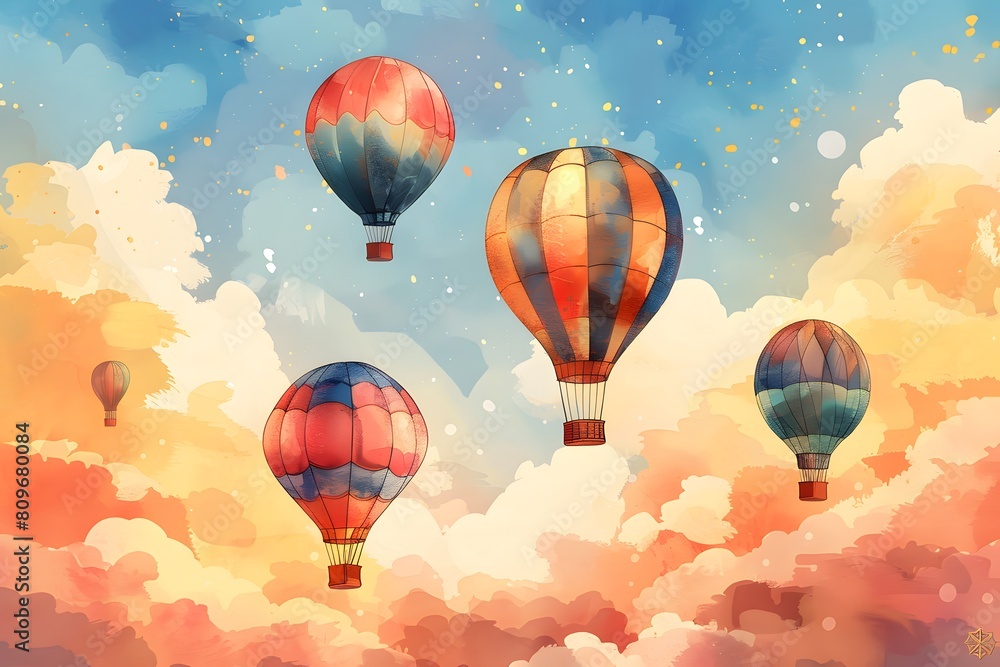 Obraz premium A painting of a group of hot air balloons soaring in the sky