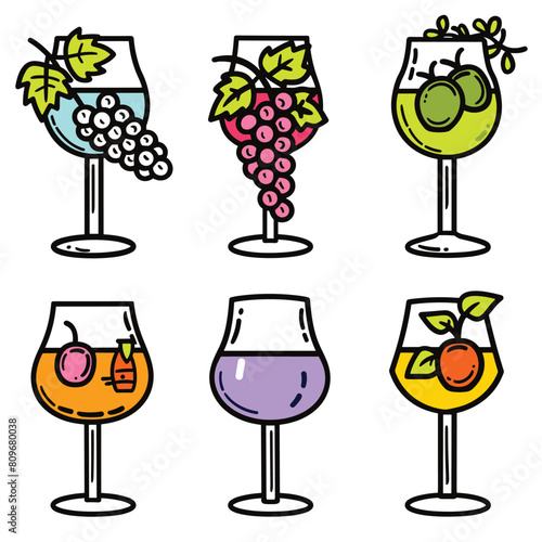 Set six colorful wine glasses different fruits, representing various fruit wines cocktails. Bold outlines, bright colors, cartoon style, suitable menu design beveragethemed graphics. Fruits include