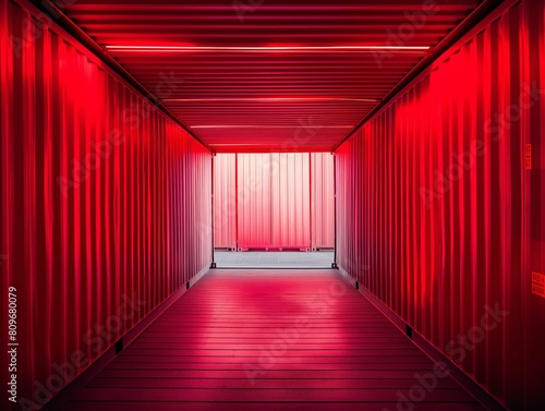A vibrantly lit corridor with red neon illumination encapsulating a modern  sleek design.