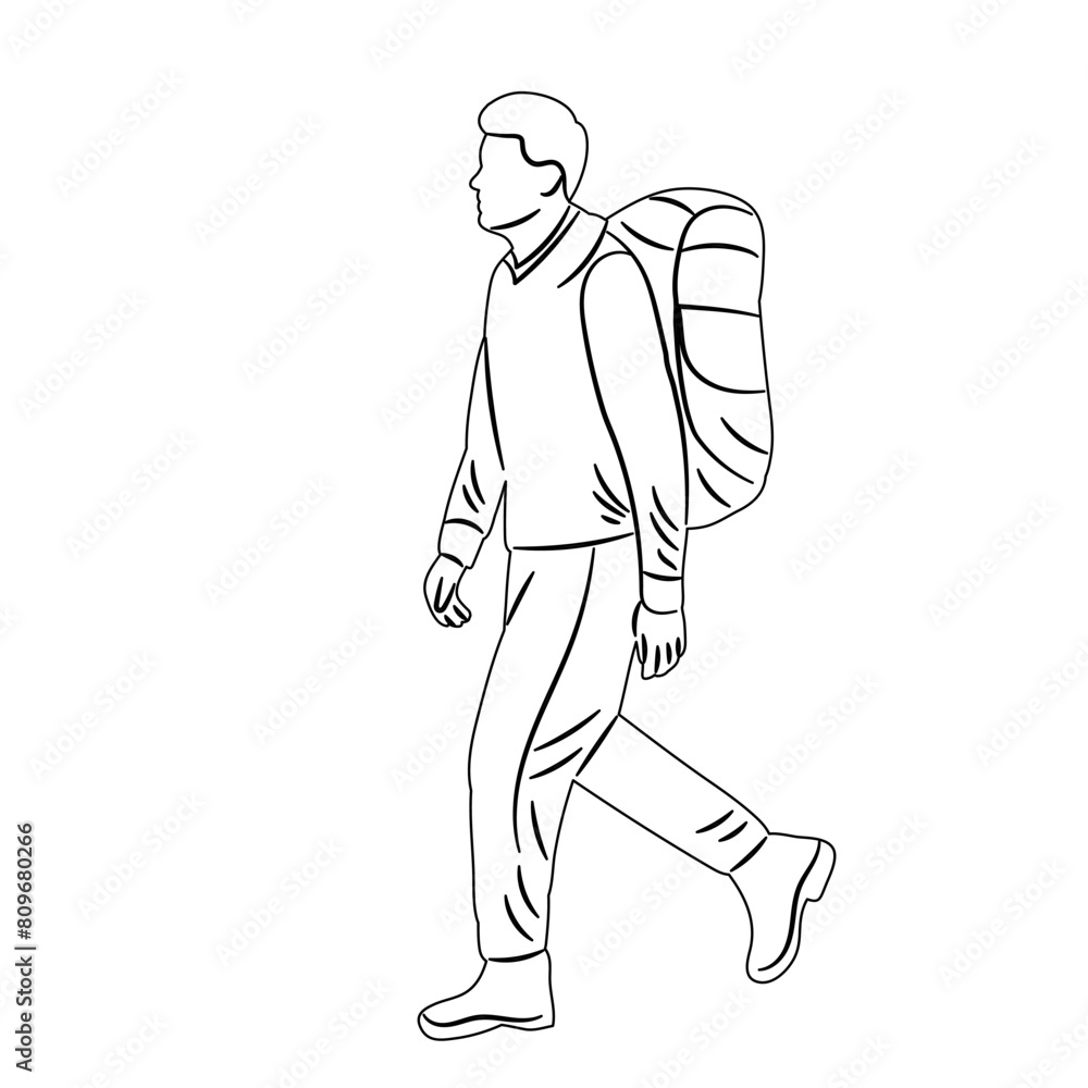 Fototapeta premium sketch of a man walking with a backpack on a white background vector