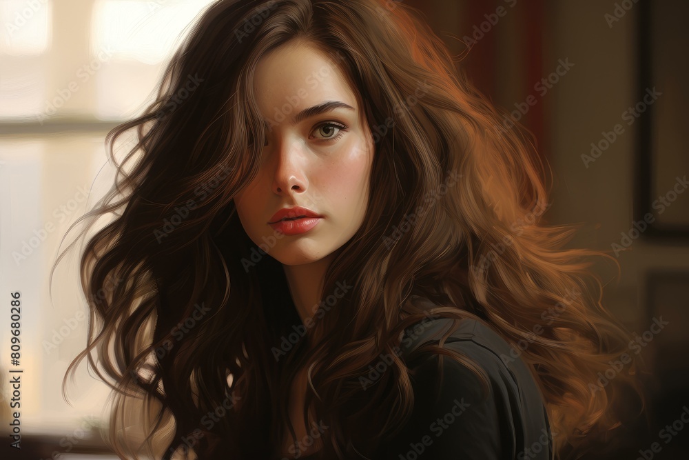Stunning digital painting of a beautiful young woman with luxurious, wavy hair and intense gaze Stunning digital painting of a beautiful young woman with luxurious, wavy hair and intense gaze