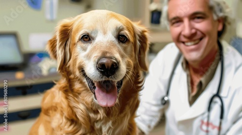 Happy Golden Retriever Dog with Male Veterinarian in White Coat in Veterinary Clinic