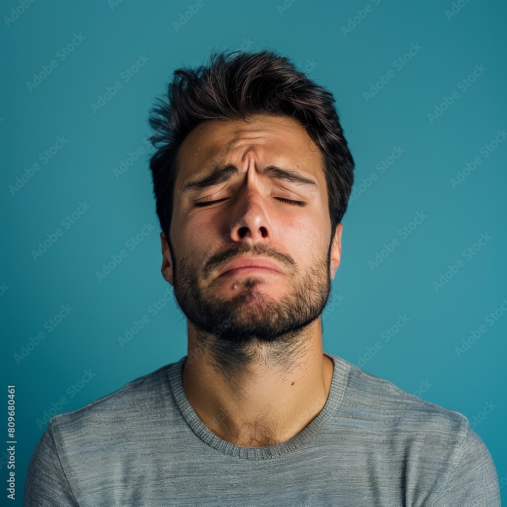 Handsome young man who is sad and crying on a blue background. Handsome young man who is sad and crying on a blue background.