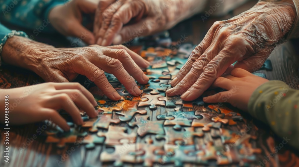 Hands of different ages and sizes working together on a puzzle, representing intergenerational collaboration Hands of different ages and sizes working together on a puzzle, representing intergenerational collaboration