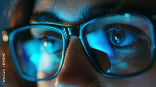 A woman with glasses is looking at something with a frown on his face