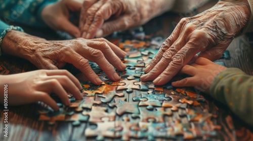 Hands of different ages and sizes working together on a puzzle, representing intergenerational collaboration