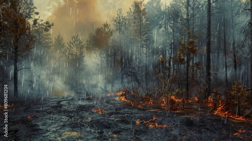 Rain falling on a recently extinguished forest fire, steam rising from the dampened earth photo