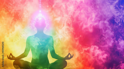 A person is sitting in a lotus position in front of a colorful background