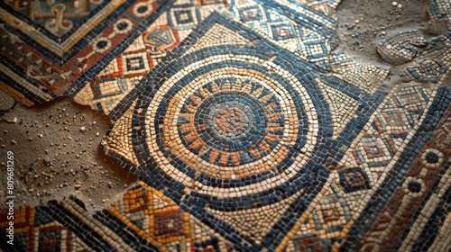 A mosaic floor with a large circle in the middle